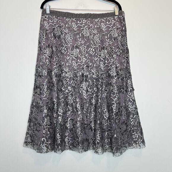 Sigrid Olsen metallic silver lace midi skirt tiered size 12 fairy whiimsygoth - Picture 2 of 9